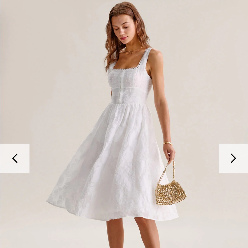 White Jacquard Shirred Slip Midi Dress